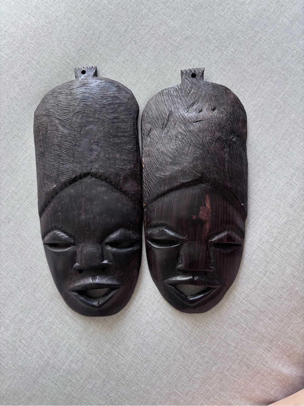 Hand- crafted vintage-style African carved wood wall mask - Set of 2